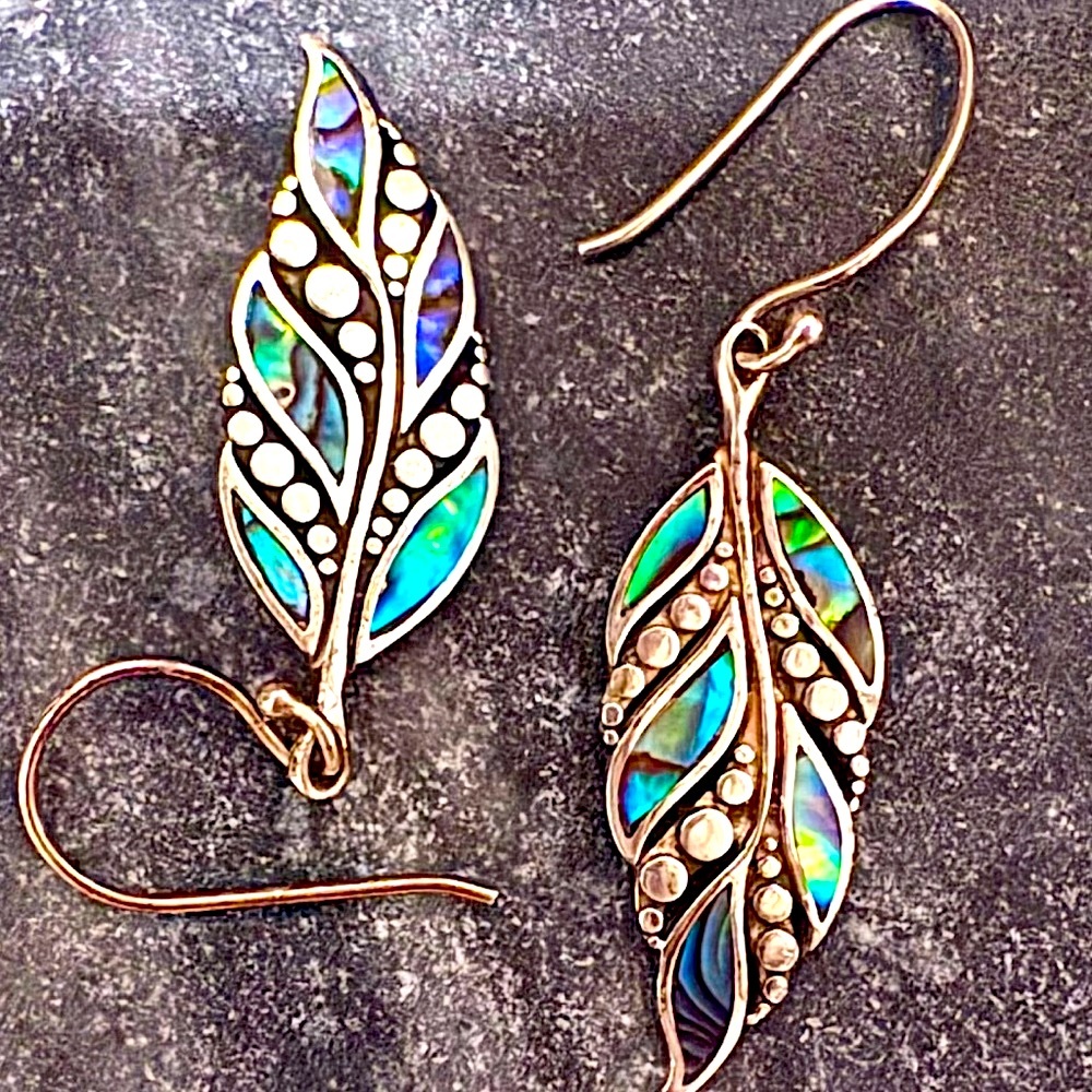 Sterling Silver Abalone Inlay Feather Earrings - image 1